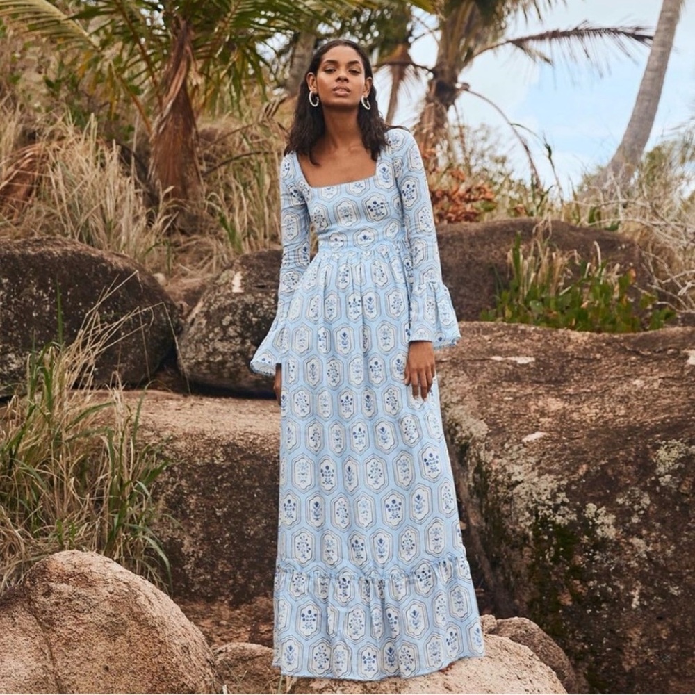 Agua Bendita Bell Sleeve Floral Blue and White Maxi Dress